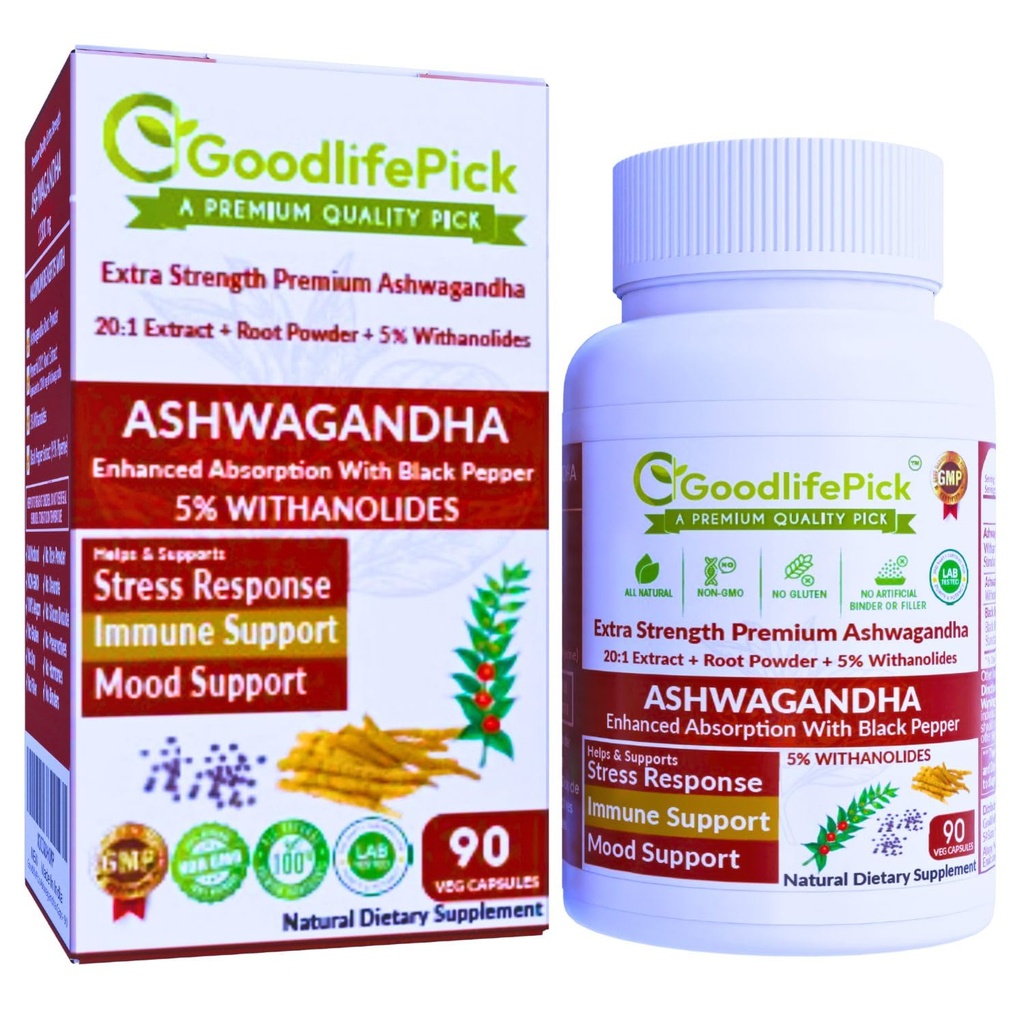 Black Pepper ile Premium Ashwagandha Capsules, Ashwagandha Toz & 20:1 Ekstra 90 ct. Natural NonGMO NO Rice Toz NO Filler
