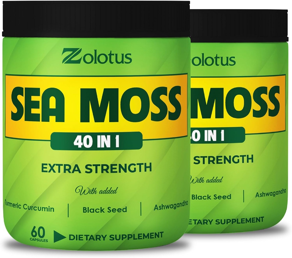 Zolotus (2 Packs 60 Capsules Sea Moss Supplement 40, Turmeric Curcumin, Ashwagandha Root, Bladderwrack for Immune System, Body Balance & Heart Health Health