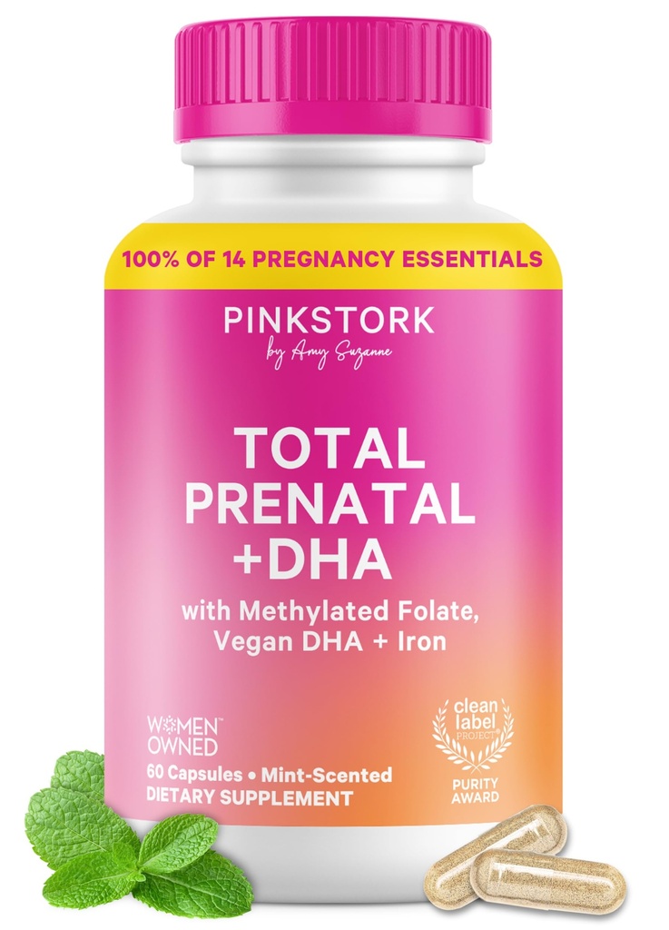 Pink Stork Total Prenatal Vitamins with DHA, Folate, Iron, Choline, and Vitamin B12 - Preconception Beslenme - Prenatals for Women, Orchid Essentials - Mint Essence, 60 Capsules, 1 Ay Supply, 60 Capsules, 1 ay Supply