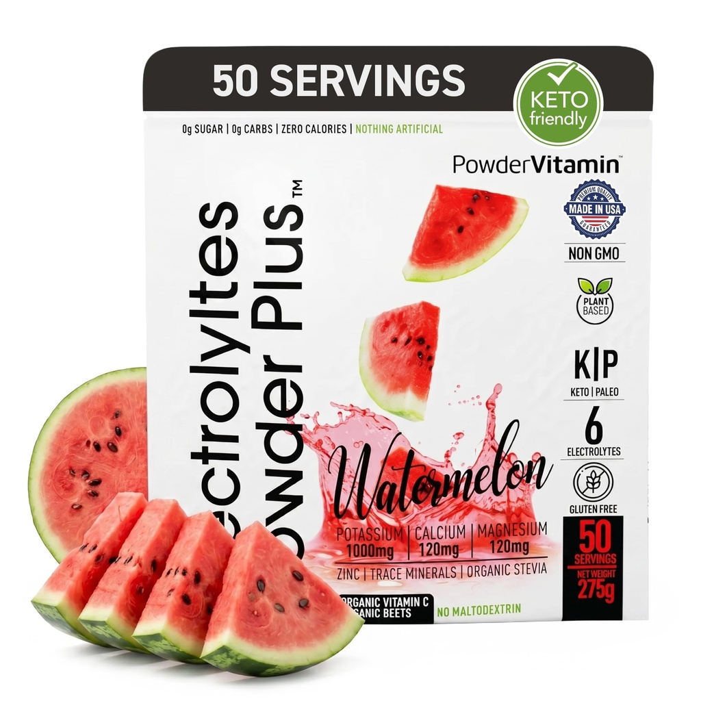 Elektrolytes Toz Plus (50 Hizmetler), 0 Calorie Keto, 0 Sugar, No Maltodextrin,1000 mg Pyum,120 mgelli,120 mg Magnezyum, Hydration Toz (50 Hizmet, Sumelon)