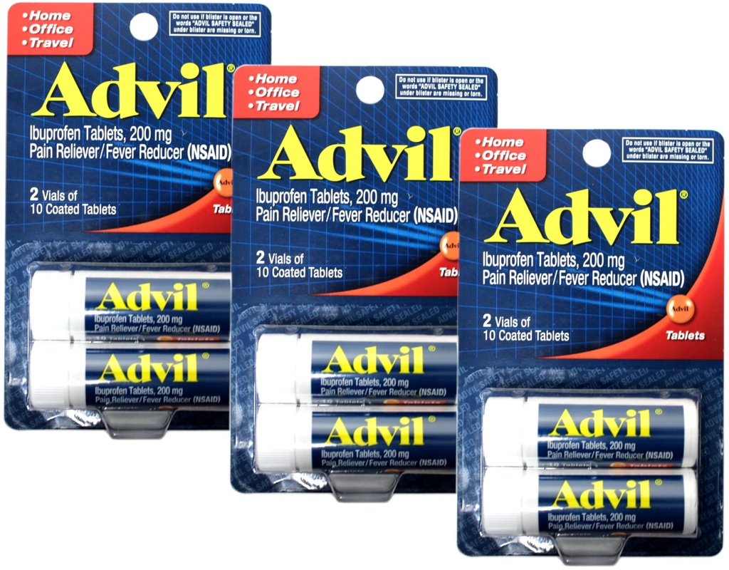 Advil Ibuprofen Tabletleri 200 mg, 2 Vials, 10 kapaklı Tabletler Her, 20 Total (Pack of 3)