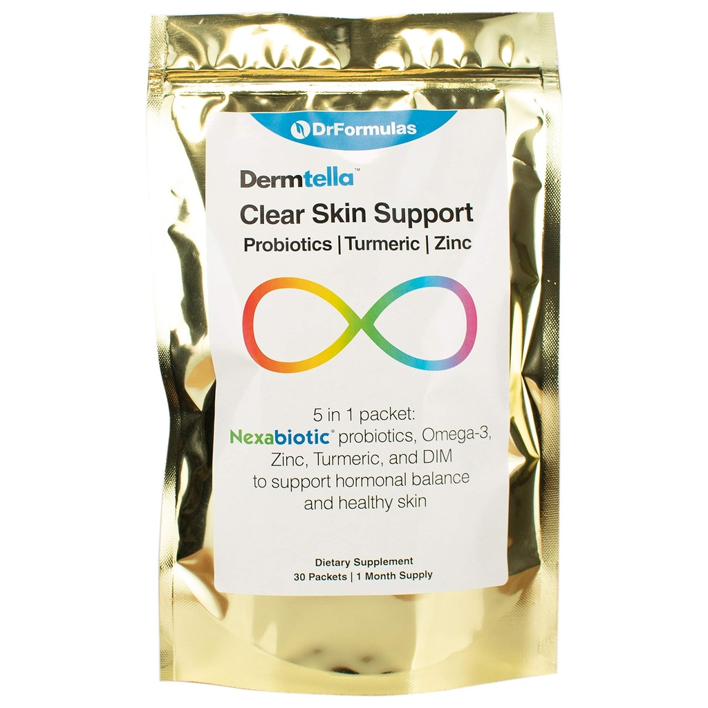 DrFormulas Dermtella Clear Skin Support Packs | Pills with çinko, Probiyotiks & DIM | Kadınlar için Tamamlar, Gençler ve Nexabiyotik Probiyotikler, Turmeric, Fish Oil, 1 ay Supply