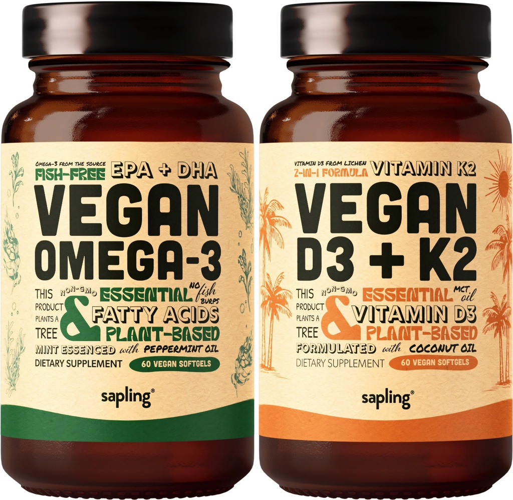 Vegan Omega 3 & Vitamin Vegan D3 + K2 Supplement Sche - Plant-Based DHA & EPA Fatty Asits, 4000 IU Vitamin D3 ve 100mcg Vitamin K2 Mk7
