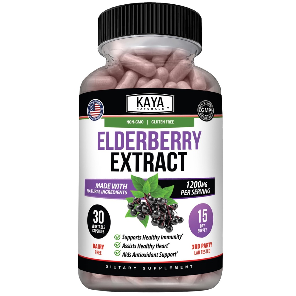 Kaya Naturals Elder Immune Support - Elderberry Extract, Rich Antioksi Premium Vitamins, 1200 mg Immune System Alert Sambucus Capsules - Count 30