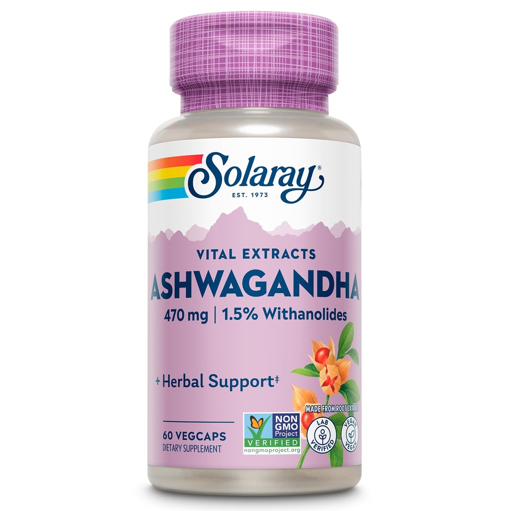 SOLARAY Vital Extracts Ashwagandha 470mg - Güçlü Adaptogen - Ashwagandha Supplements w/ 7mg Withanolides, Wellness Support, Vegan, Non-GMO, Lab TY, 60-Day Garanti, 60 Hizmet, 60 VegCaps, 60 VegCaps