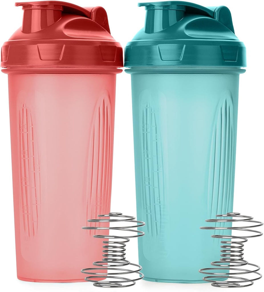 Protein Mixes için Pen- Shaker Şişeler, 28 oz, 2 Pack, Light Blue & Red, Protein Shaker Şişe, Wiresk Ball, Blender Şişe,