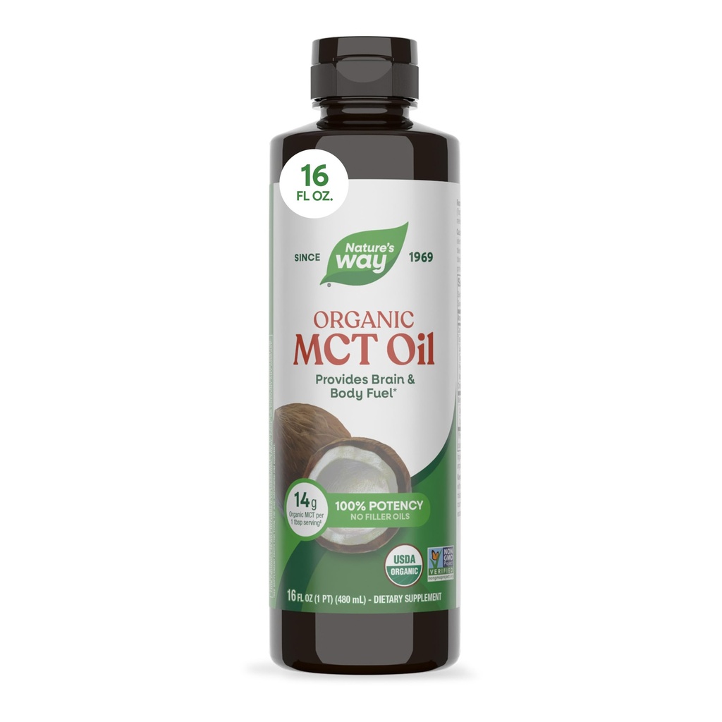Nature's Way Organic MCT Oil, 16 Fl Oz, Brain and Body Fuel from Coconuts*, C8 Caprylic Acid ve C10 Capric Acid, Chem ve Paleo sertifikalı, Organik, Non-GMO Projesi Doğrulandı