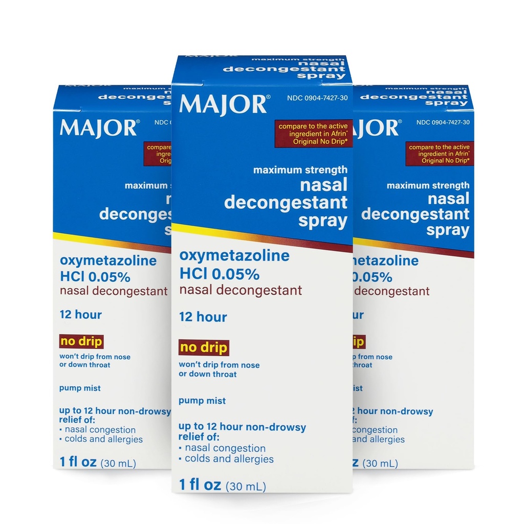 MAJOR Maksimum Güçlü Nasal Decongestant Sprey, Oxymetazoline HCl 0.05% Pump Mist, Non-Drowsy Nasal Mix, Nasal Congestion, Colds ve Allergies 1 Fl.