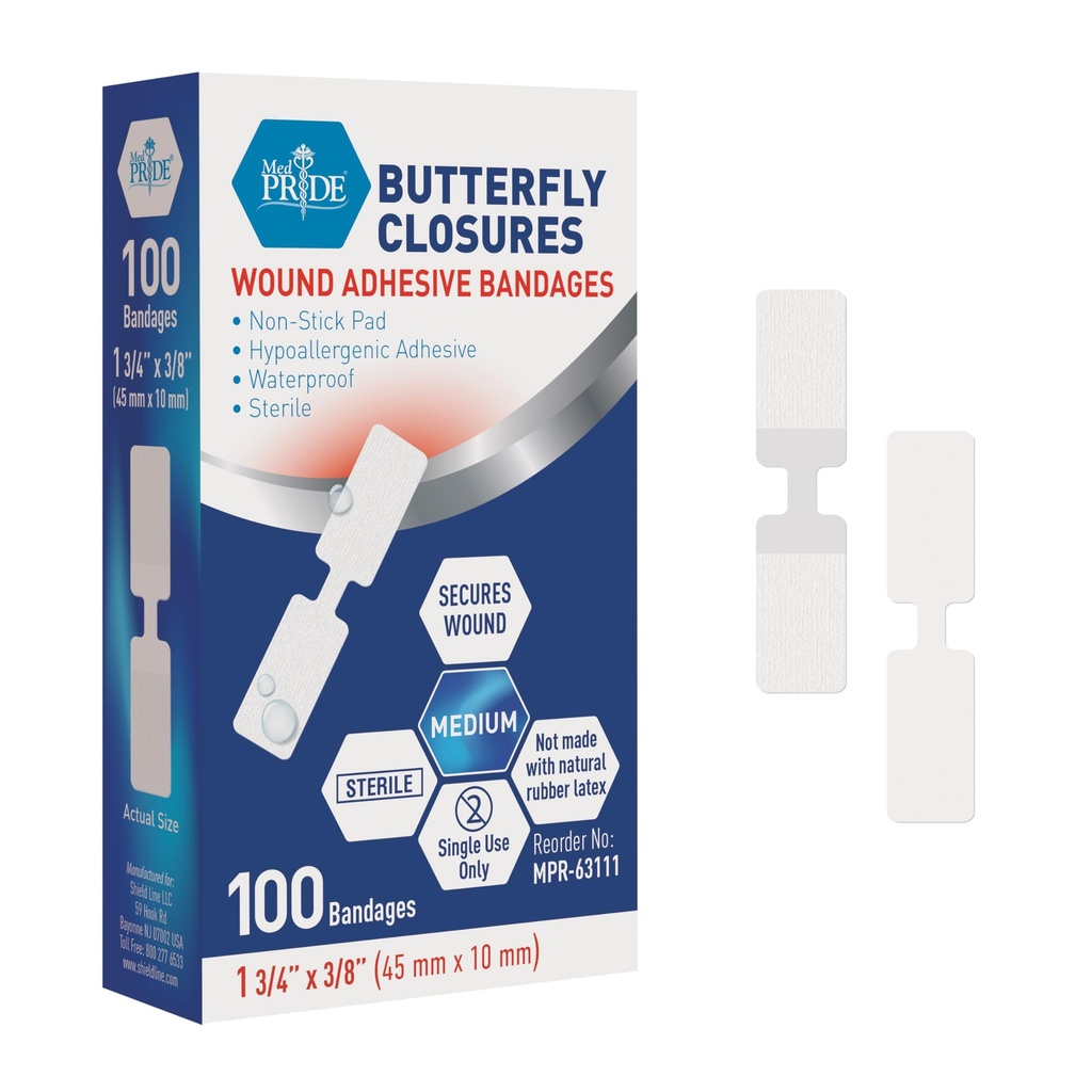 MED PRIDE Kelebek Yaraları 100 Sterile Nonstick Hipoallergenic Latex Free Bandages for Cuts and Injuries (Medium)