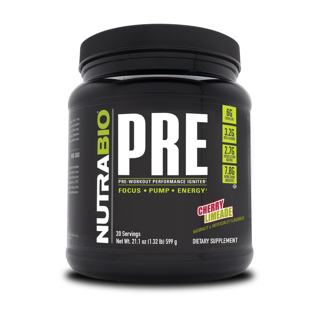 NutraBio PRE Workout Toz - Eski Formula- Sustained Energy, mental Focus, Endurance - Alanine, Kretine, Caffeine, Electrolytes - 20 Hizmet - Cherry Limeade