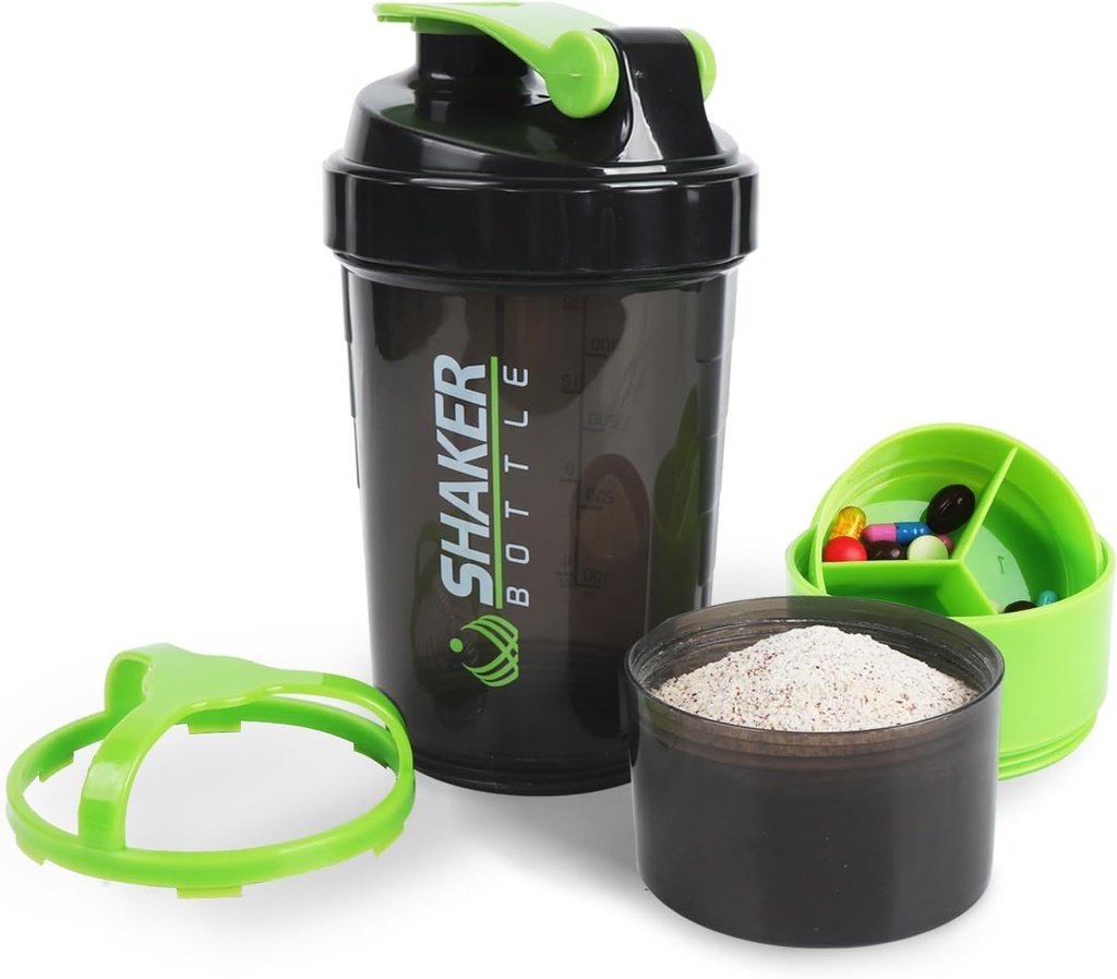 Shaker Şişe - Protein Shaker Cup with Storagettments - Leak-proof Workout Shake Şişes with Mikser for Smooth Mix-500ML/16oz (GREEN & BLACK)
