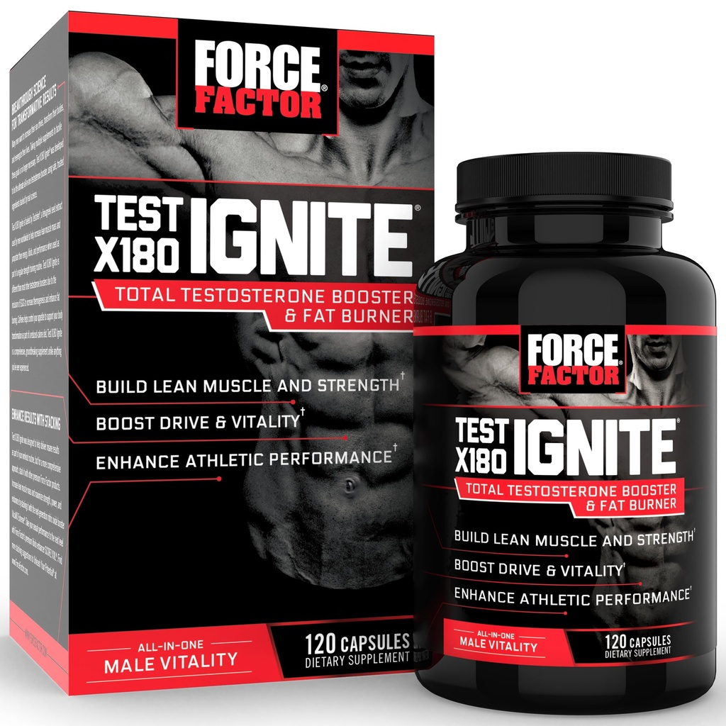 Force Factor Test X180, Fenugreek Tohum ve Yeşil Çay Türünü Lean Kas, Boost Energy'yi kurmak ve Performansı Geliştirmek için Toplam testosteron ATM'yi Ignite Total testosteron ATM for Men with Fenugreek Seed and Green Tea Extract to Build Lean Muscle, Boost Energy, and improve Performance, 120