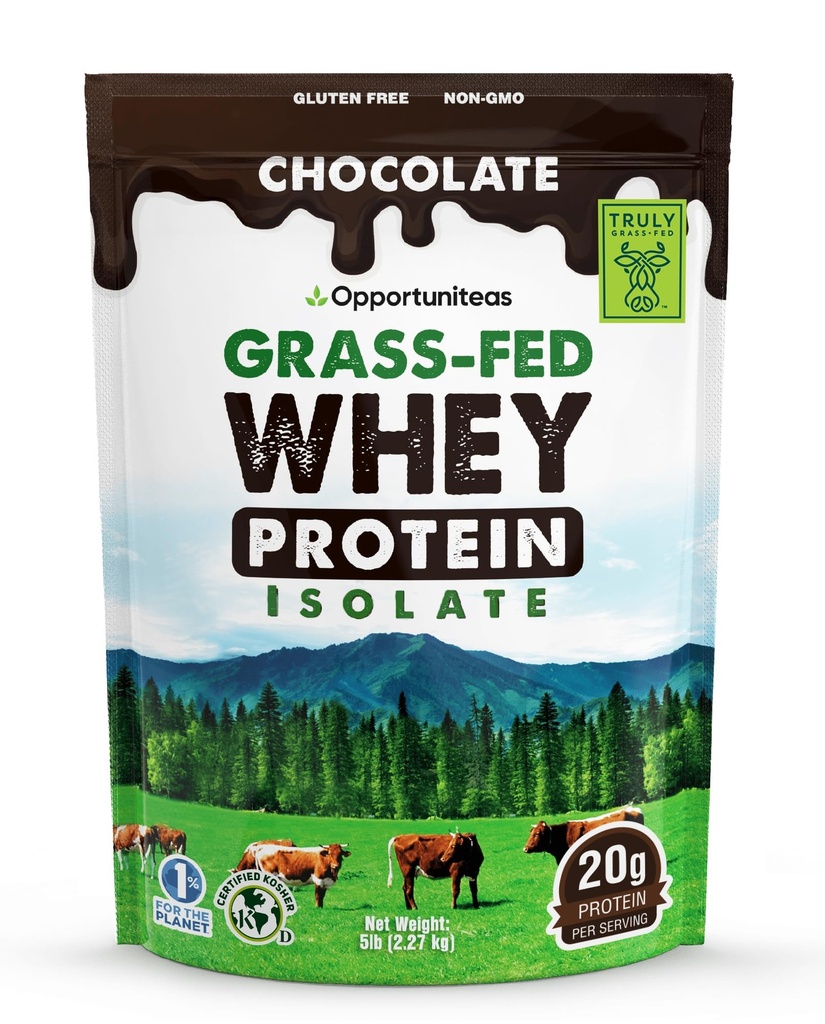 Opportuniteas Grass Fed Chocolate Whey Protein Isolate Toz - Yapay Tatlıcılar olmadan 20g Protein Tozu, Hormonsuz İnekler, GMO - 5lb