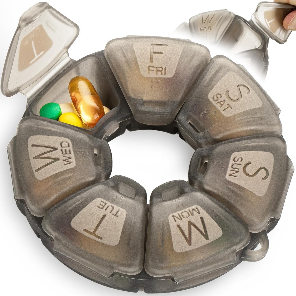 Round Weekly Pill Organizer, Teethized, Travel Pill Container 7 Day, 7 Büyük Karşılaştırmalı, Günlük Vitaminler ve Tamamlar için Büyük, Büyük Mektuplar ve Braille (Grey)