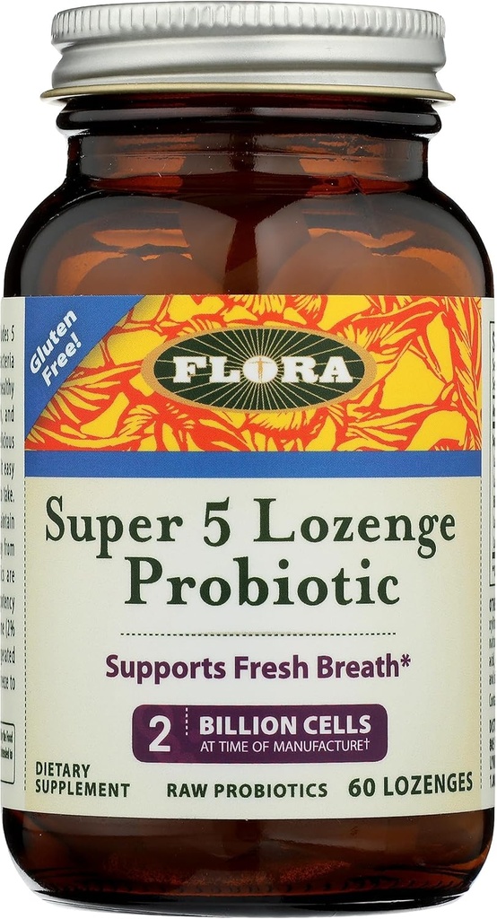 Flora - Super 5 Lozenge Probiyotik, Raspberry Flavored Oral Probiyotik, Good for Bad Breath, Five Strains with 2 Milyar CFU, Regain and Retain Gut Health, RAW, 60 Lozenges