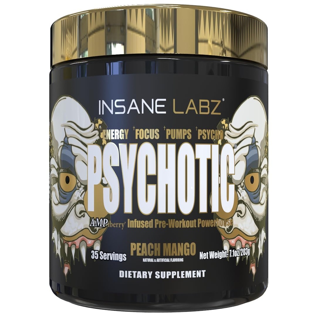 Insan Labz Psychotic Gold, High Stimulant Pre Workout Toz, Extreme Lasting Energy, Pumps and Endurance with Beta Alanine, DMAE Bitartrate, NO Branson (35 Hizmet, Peach Mango)