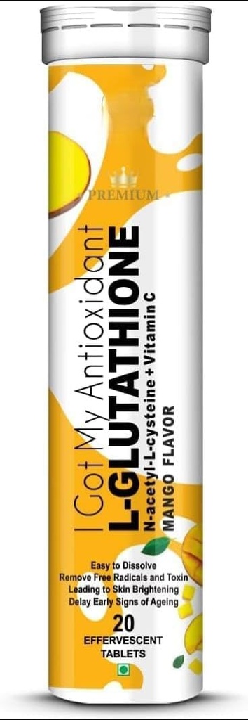 L-Glutathione, Mango Flavour ile 600 mg | Glowing Skin, Antioksis, Skin Lighting,Pigmentation, | Tan Reduce for Men & Women- 20 Effervescent Tabletleri