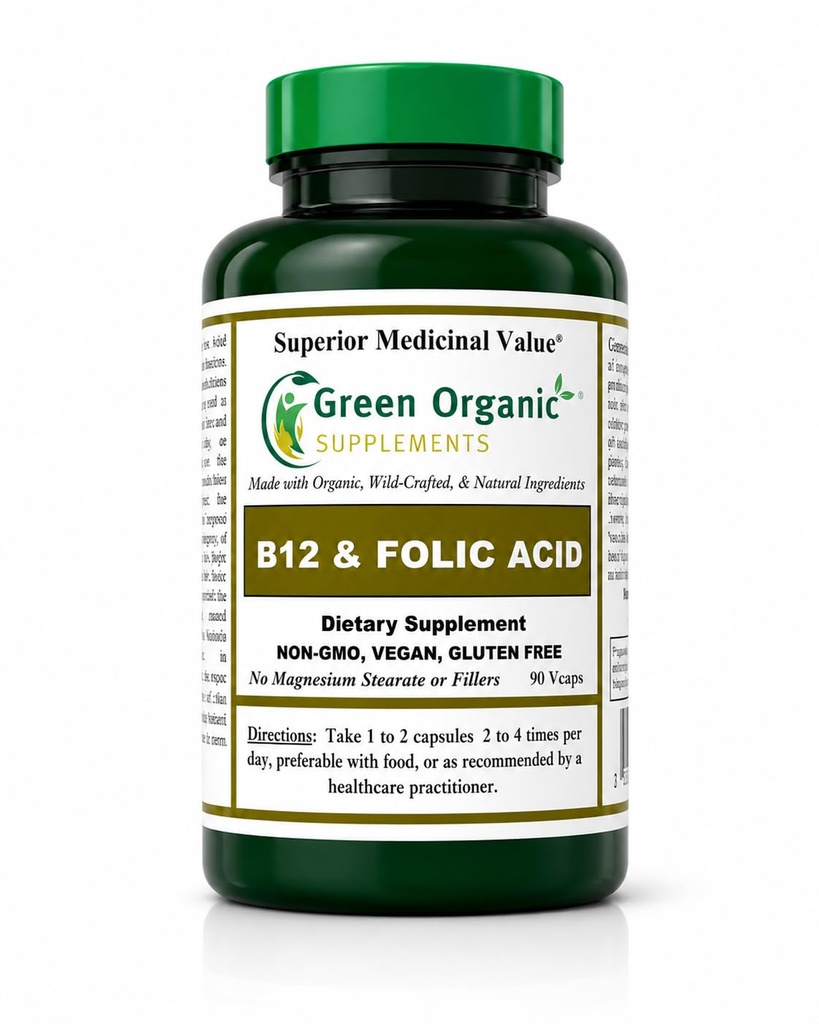 Green Organic Supplements (Pack-1) Vitamin B12 & Folic Asit, 1000mcg, 90 VCaps, Hand Made, Vegan, Non-GMO, Nervous System'in Fonksiyonlarını Destekler ve Skin, Hair & Liver