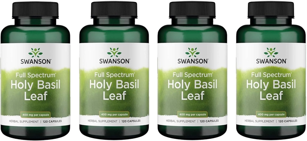Swanson Holy Basil Leaf (Tulsi) - Stres Desteği ve Well-Being Supplement - (120 Capsules, 800 mg Per Service) (4 Pack)