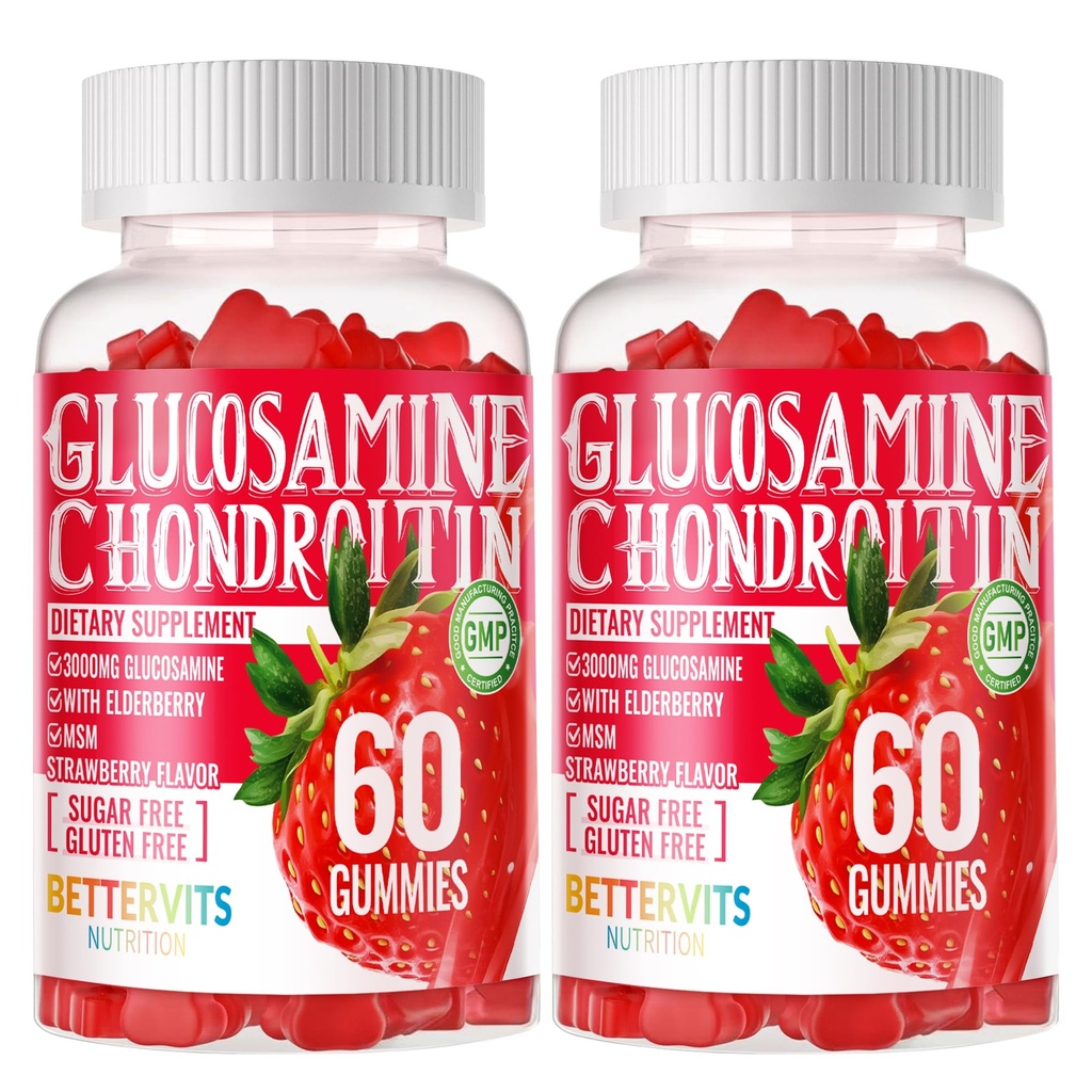 Glucosamine Chondroitin Gummies with MSM & Elderberry Extra Strength - Ortak Destek, Antioksi Immune Support Supplement for Yetişkinler, Men & Women. 120 Strawberry Gummies