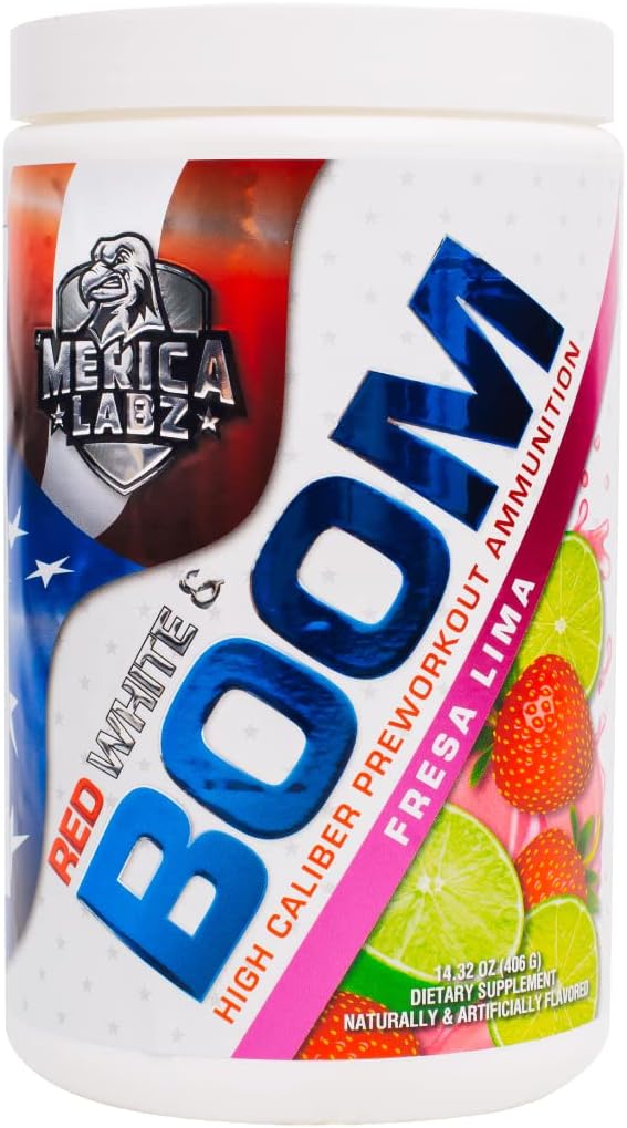 "Merica Labz Red, White ve Boom, High Caliber Pre Workout with VasoDrive-AP®, 350 mg Caffeine, Max Energy, Pump and Focus, Artan Kan Akışı ve Kas Cilt, 20 Hizmet (Fresa Lima)