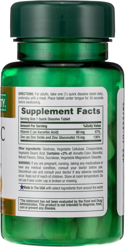 Nature's Bounty, Vitamin C + çinko, Destekler Immune Health, Vitamin Supplement, 60 mg, 60 Tabletler (Pack of 2)