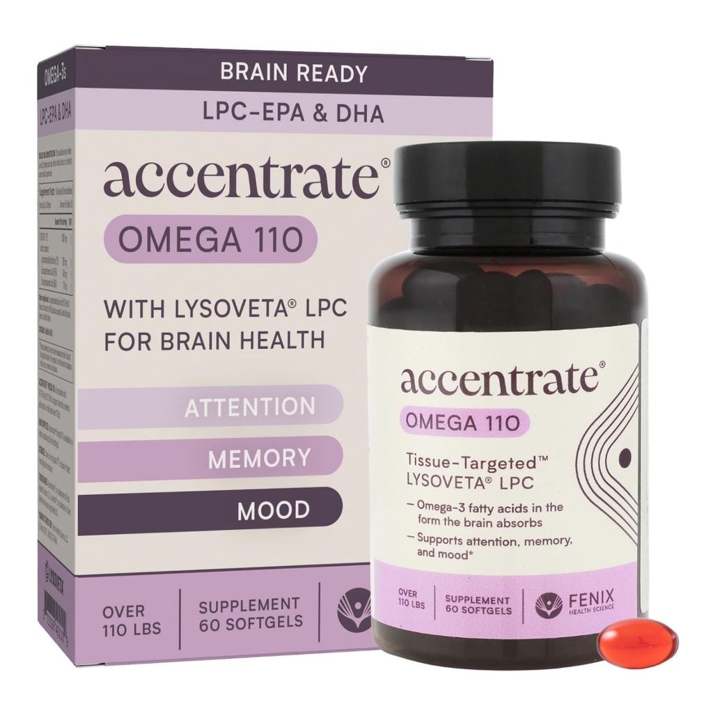 Omega 110 w/LYSOVETA LPC | EPA & DHA Supplements for Brain & Retina Sağlık | Odak, Dikkat, Hafıza, Mood & Vizyon | 6X Yüksek Sıcaklıklı Omega-3 L-PC