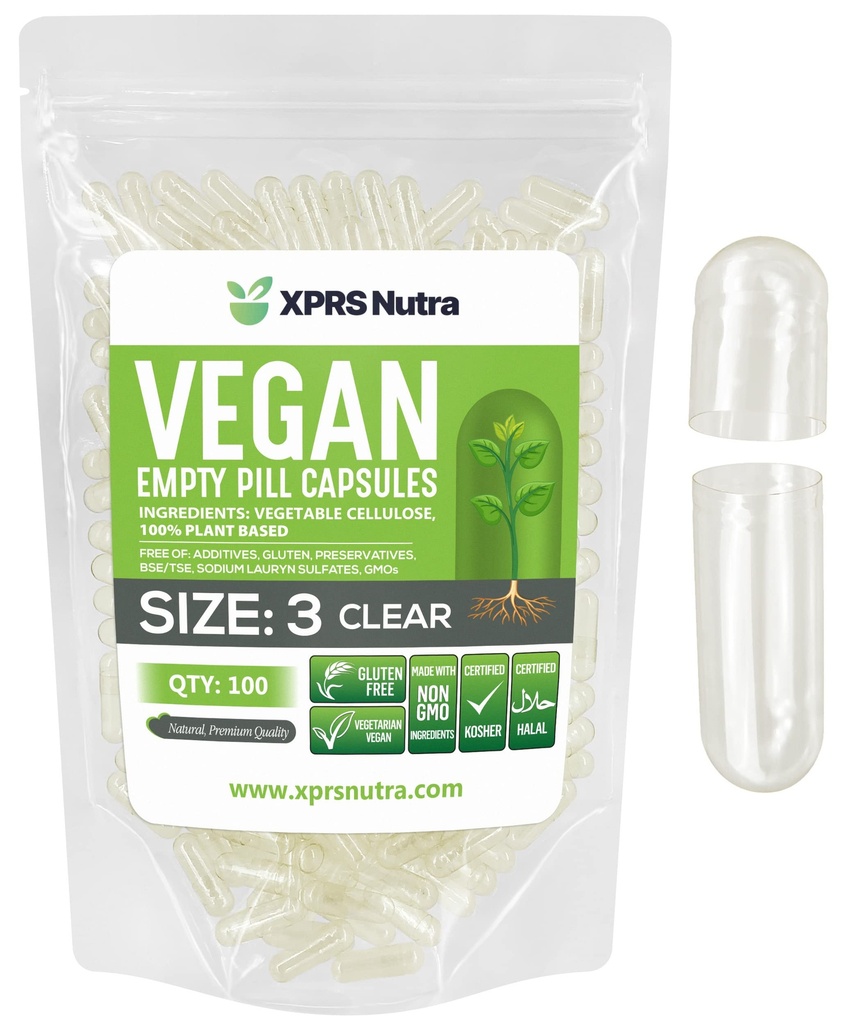 XPRS Nutra Boyutu 3 Boş Kapsüller - 100 Kont Clear Boş Vegan Capsules - Vejetaryen Pills - DIY - Veggie Pill Caps -