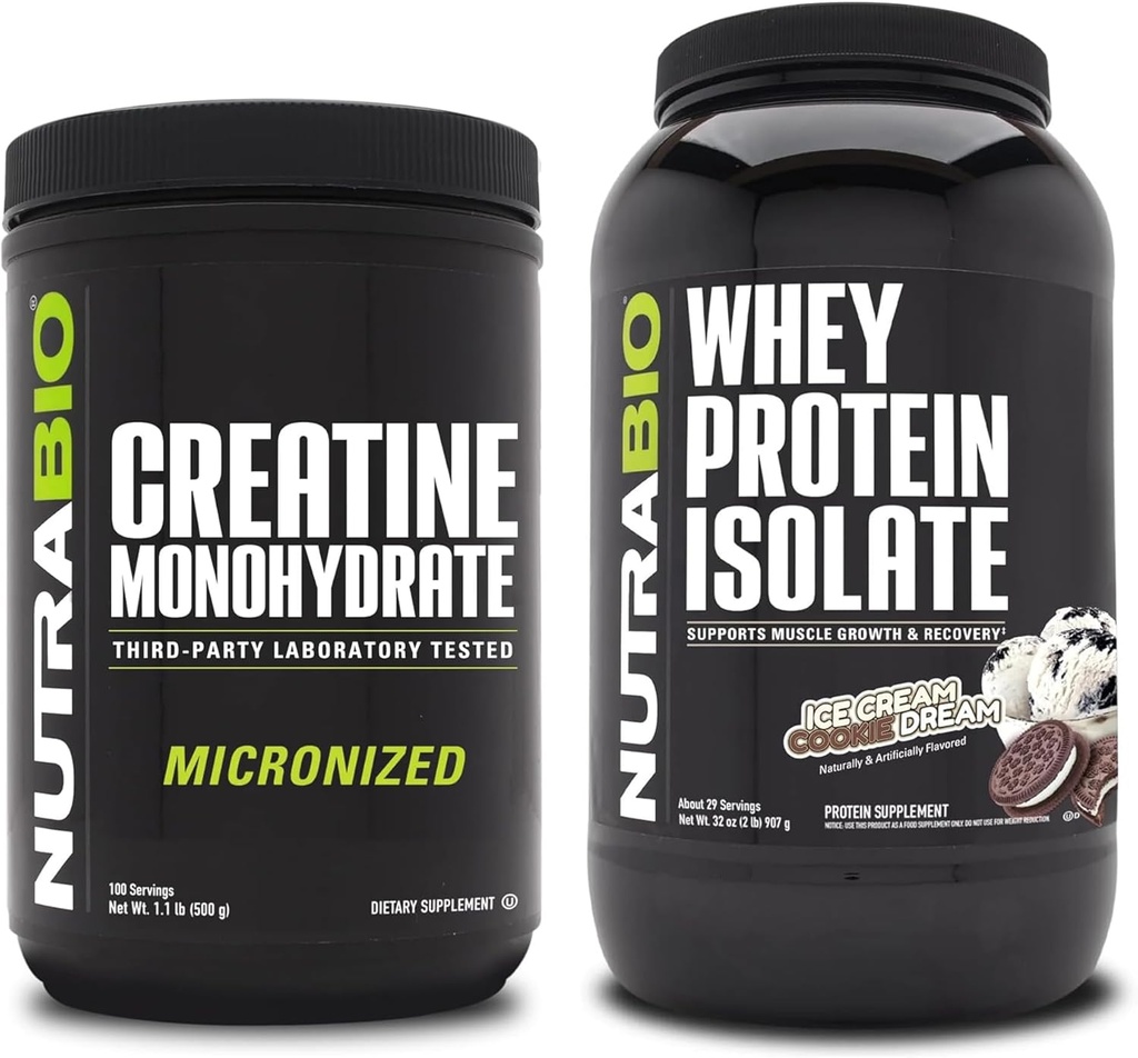 NutraBio Kretine Monohidrat, Unflavored, 500g ve Whey Protein Isolate, Buz Kremi Rüyası, Tamam Grafik - Kas Enerji, Lean Kas Büyüme, Kurtarma ve Güçlü