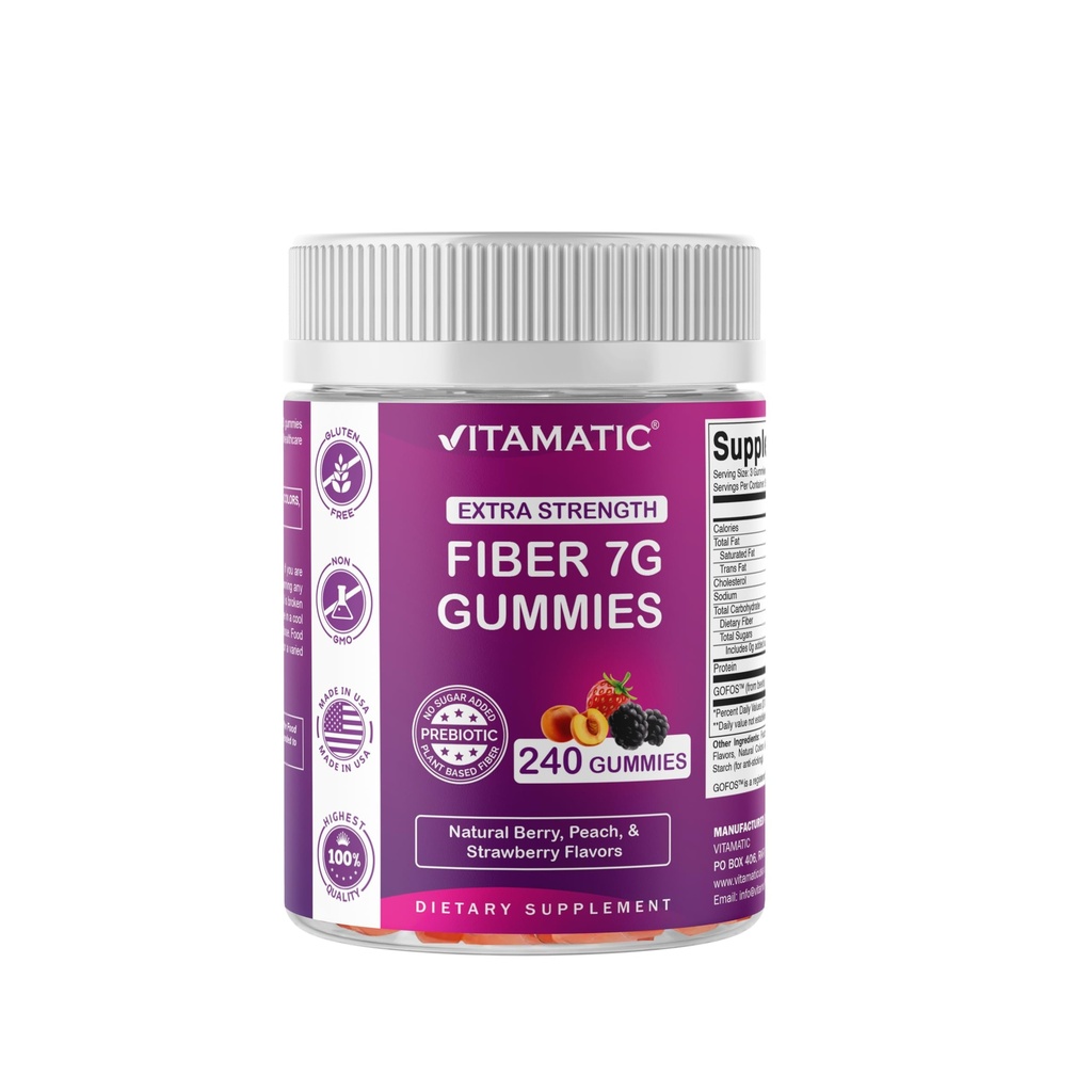 Yetişkinler için Vitamatic Prebiyotik Fiber Gummies, 7G Ekstra Kuvvet, Zero Sugar eklendi, 240 Pectin Based Gummies, Digestive Health & Regularity Support Support