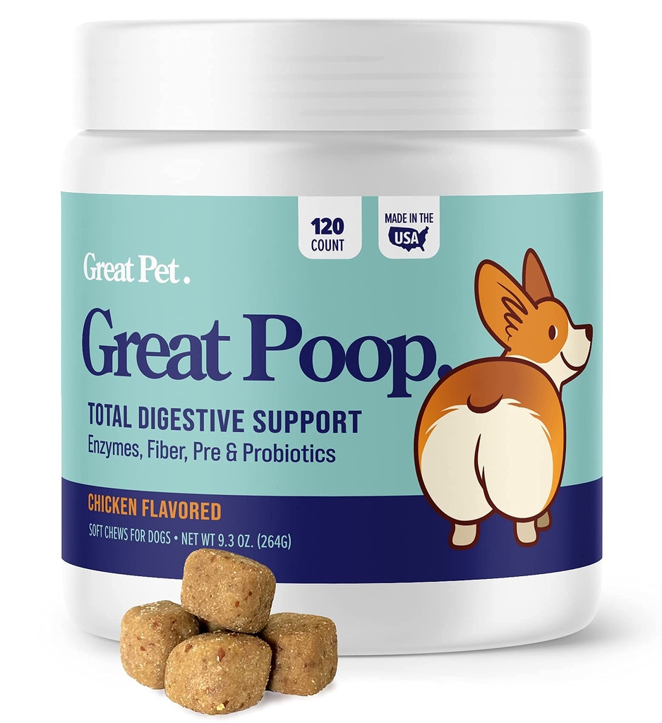 Great Poop Probiotics for Dogs - Fiber for Dogs Supplement with Dog Probiotics and Digestive Enzymes for a Healthy Gut, Firm Stool & Diarrhea Relief - Chicken Flavored Pet Soft Chews with Prebiotics