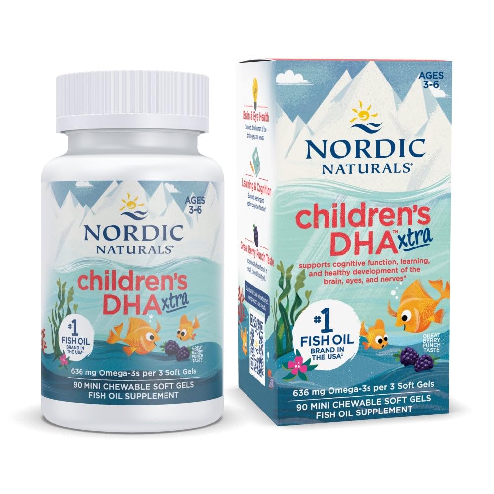 Nordic Naturals Children's DHA Xtra, Berry Punch - 90 Mini Chewable Soft Gels for Kids - 636 mg Omega-3s EPA & DHA - Bilişsel & Immune Function, Learning, Social Development - Non-GMO - 30 Servisler