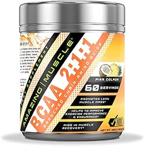 Amazing Muscle BCAA 2:1 1. Bölümlü Zincir Merteris Supplement | 6000 Mg Per | Pina Colada Flavor | 60 Hizmetler