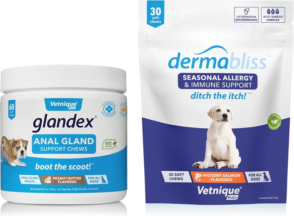 Vetnique Labs Dermabliss Alerji Chews 30 Ct ve Glandex Anal Gland Destek Chews 60 Ct Sche Dog Vitamins & Supplements, Anal Gland Dog Rebiyotiks, Dog Allergies Skin Tedavisi Soft Chew