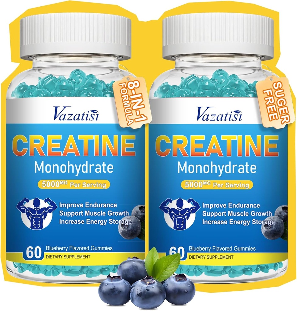 2 Pack Kadın ve Erkekler için Monohidrat Gummies, Sugar Free Vegantine Supplement for Build Muscles, Art & Strength, Blueberry Flavor, 120 Kont