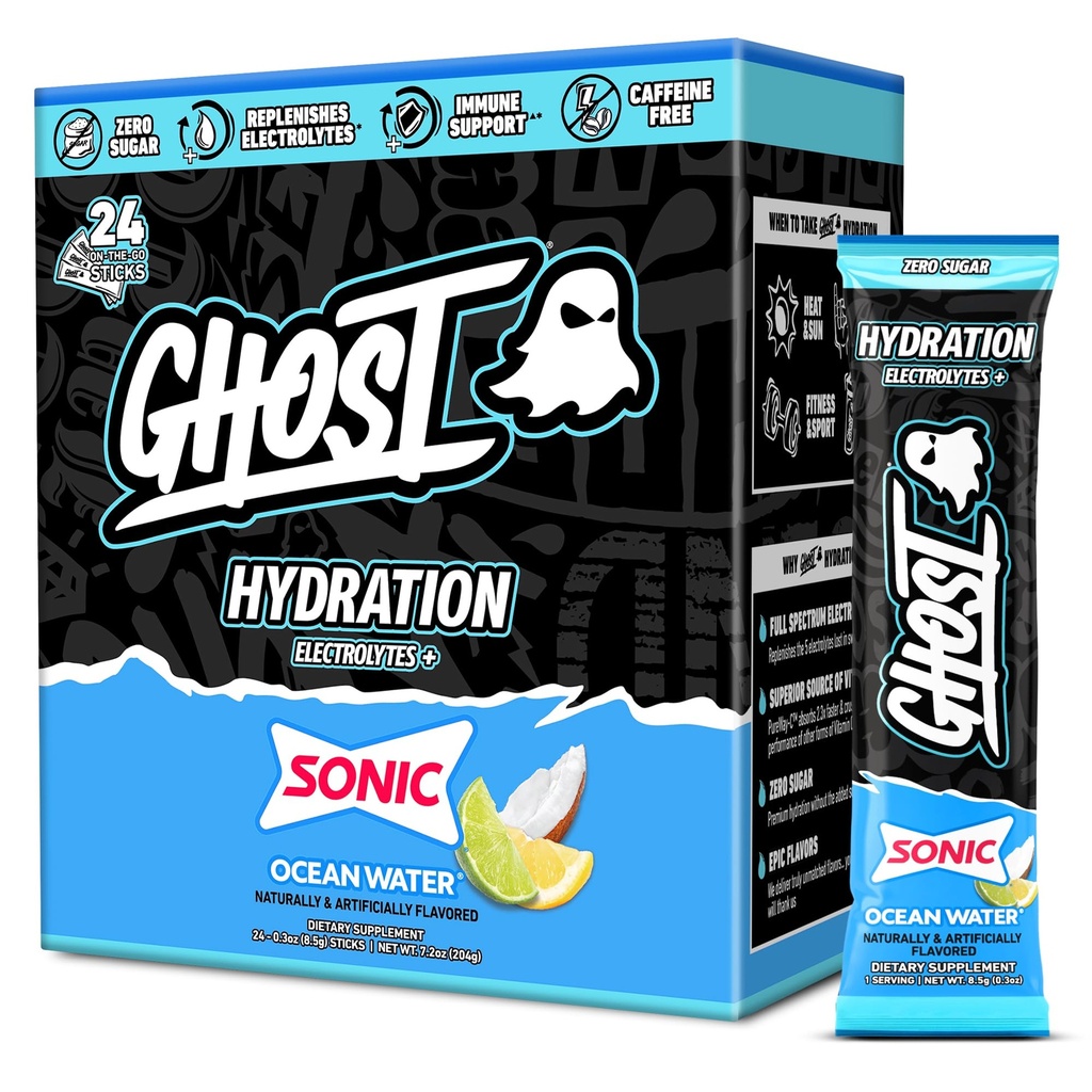 GHOST Hydration Packets, Sonic Ocean Water, 24 Sticks, Electrolyte Toz - Magnezyum, Pyum, Kalsiyum, C - Vegan, Soy, Sugar & Gluten