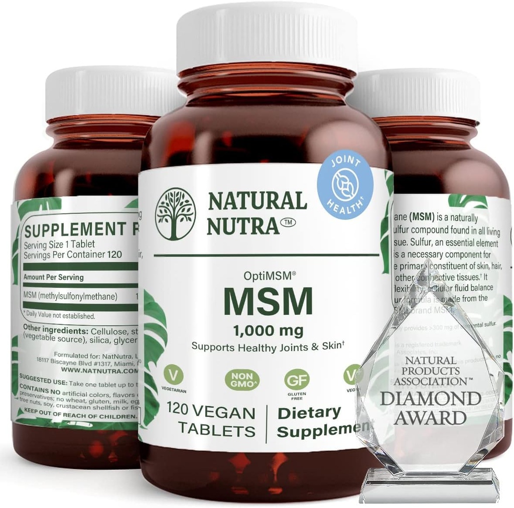 Doğal Nutra OptiMSM, Sulfur ile MSM Supplement, Saçların İncelenmesi, Ortak Flexability ve Bone Health, Cartilage Health, Helps Supports Fluid Balance, 1000 mg, (120) Vegan Tabletleri
