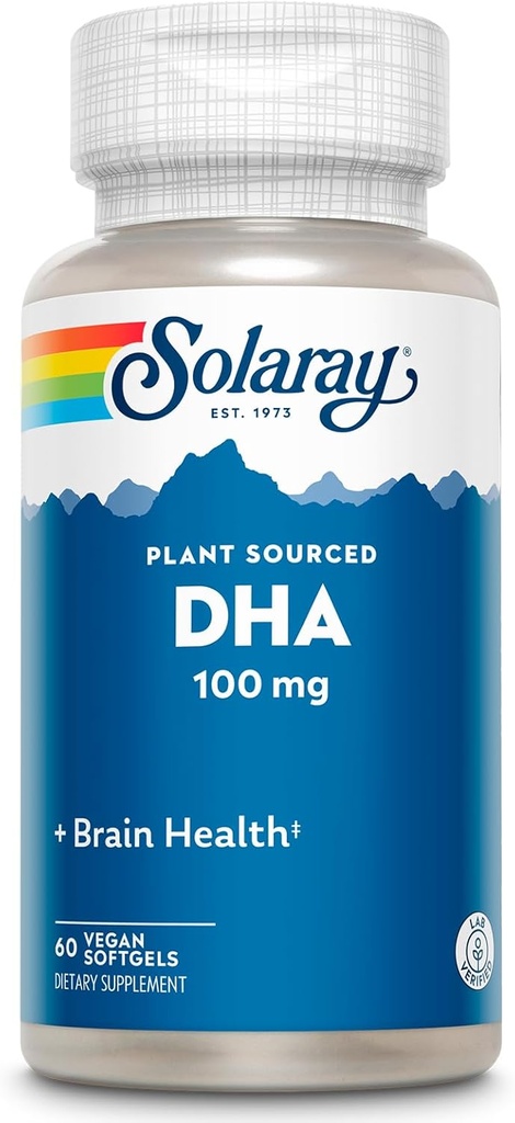 SOLARAY DHA 100 mg - D H A Omega 3 Fatty Asits for Wellness Support, Prenatal DHA Omega 3 Supplement - Plant Sourced from Algae Oil - 60 Günlük Garanti, 60 Hizmet, 60 Vegan Softgels