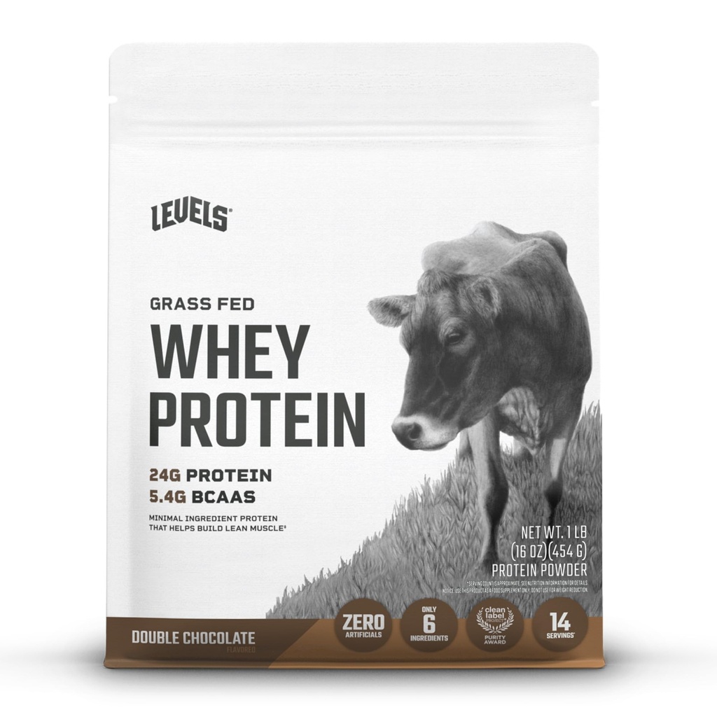 Levels Grass Fed Whey Protein Powder, No Artificials, 24G of Protein, Double Chocolate, 1LB