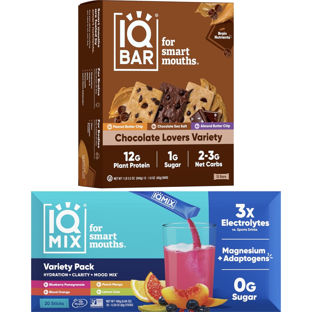 IQBAR Beyin ve Vücut Keto Protein Barlar - 12 Kont Chocolate Lovers Çeşitli Low Carb, Vegan Bars & IQMIX Sugar Free Electrolyte Toz Paketleri - Aslanlar Mane ile 20 Çeşitli Pack Keto Electrolytes