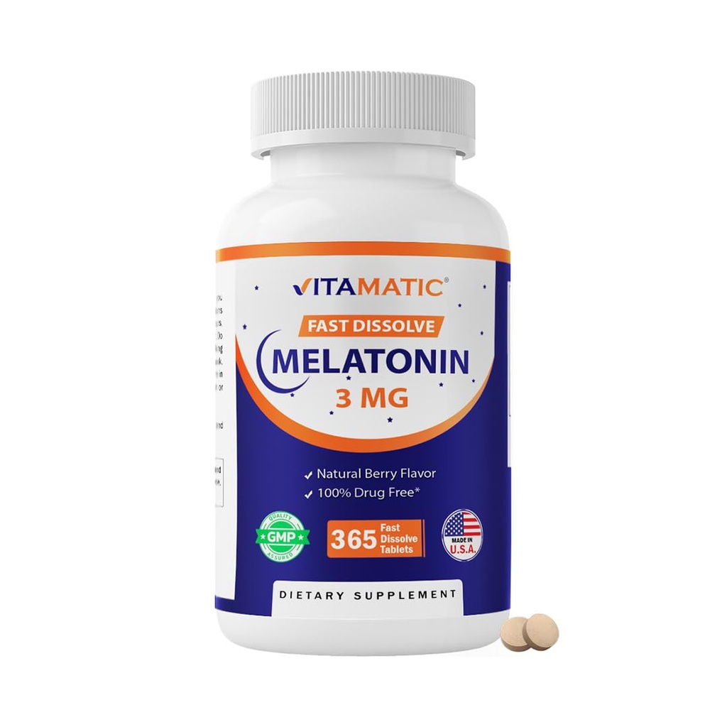 Vitamatic Melatonin 3 mg Tabletleri | Vejetary, Non-GMO, Gluten Free | 1 Yıl Supply | Natural Berry Flavor - 365 Tabletler