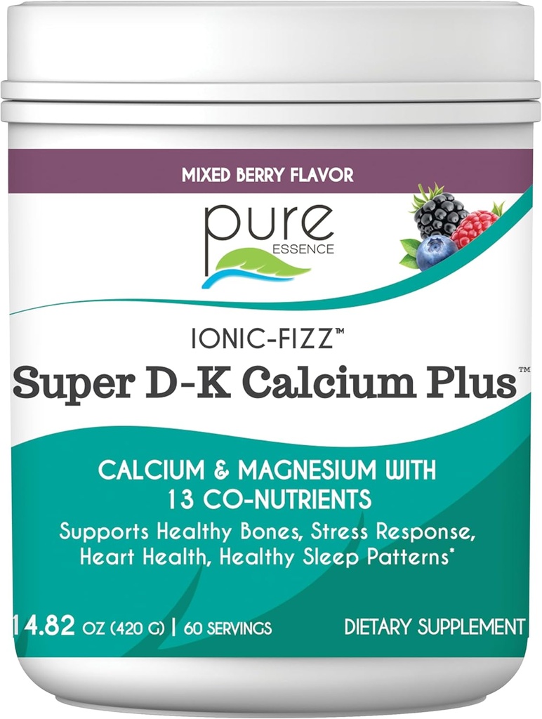 Ionic Fizz Super D-Kuba Plus Pure Essence - Ekstra Magnezyum Vitamin D3, Güçlü Bones ve Stres Desteği için K2 - Karma Berry - 14.82oz