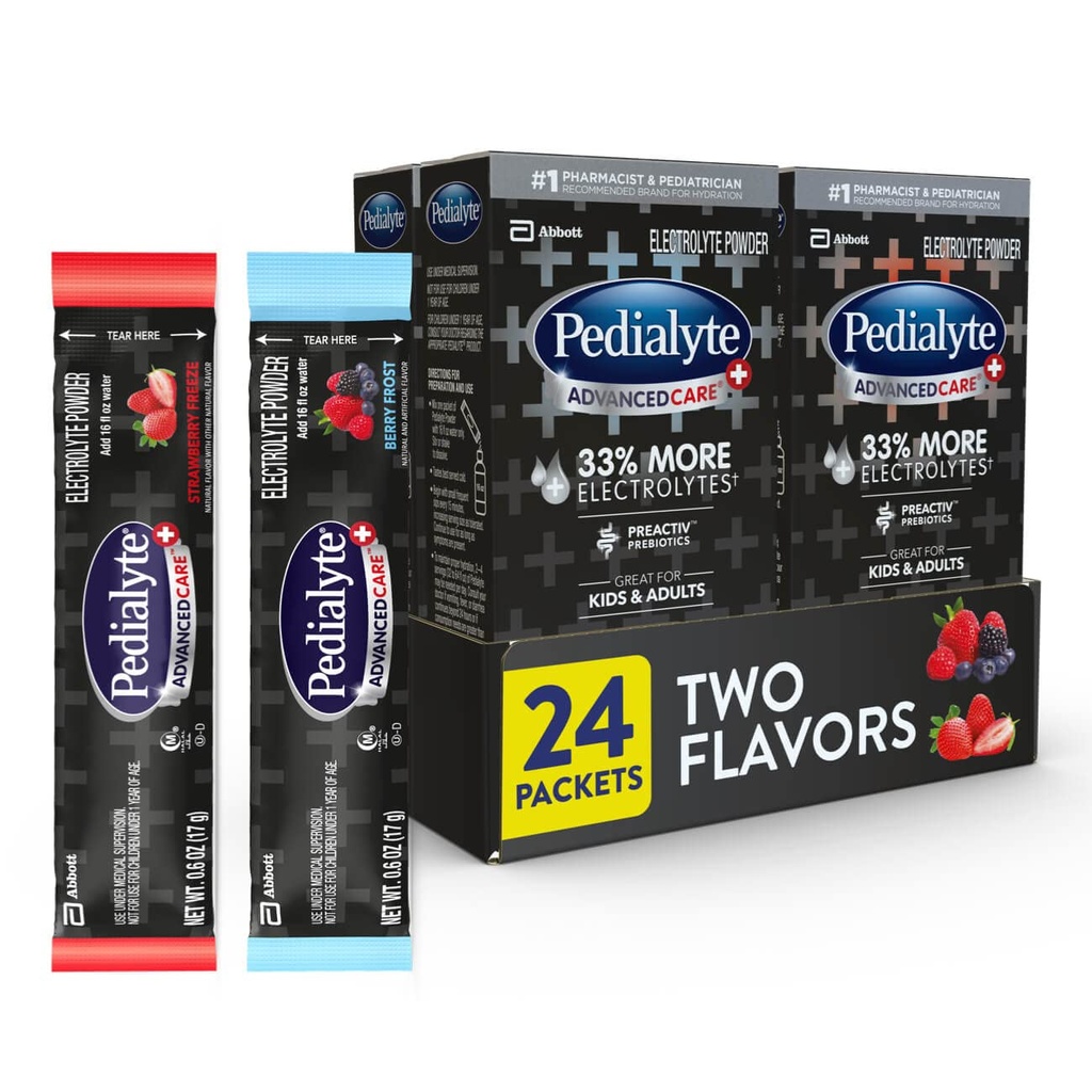 Pedialyte AdvancedCare Plus Electrolyte Toz,% 33 daha fazla Electrolytes ve PreActiv Prebiyotiks, Diversity Pack: Berry Frost ve Strawberry Freeze, 24 Toz Packets