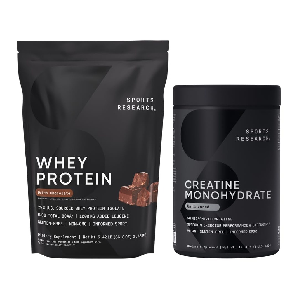 Sports Research® Kretine Monohidrat (1.1 LBS) ve Hollanda Çikolata Whey proteini (5.42 LBS), Lean Muscle Building için Dinamik Duo, Geliştirilmiş Performans ve Güçlü & Workout Recovery
