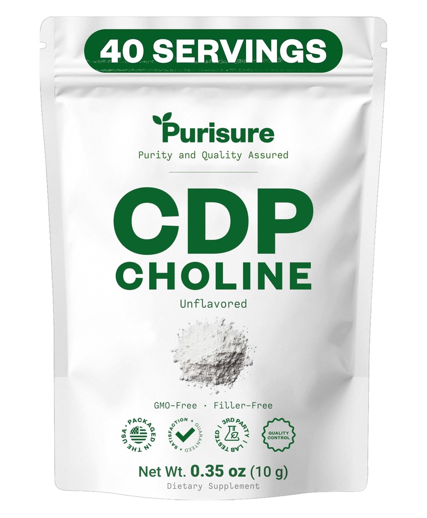 CDP Choline Toz, 10g, CDP Choline Supplements That Support Care, Focus, and Energy, Citicoline Toz for Cognitive Function, improves Motivasyon ve Verimlilik, 40 Hizmetler