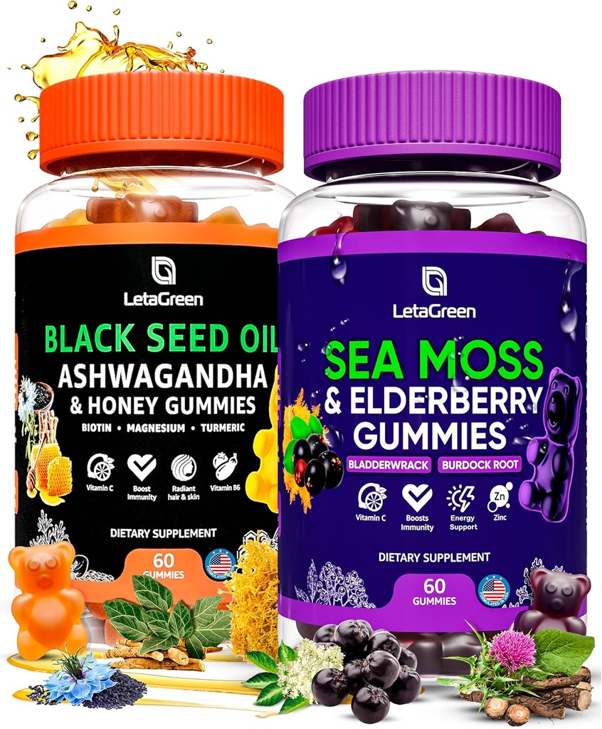 İrlandalı Deniz Moss ve Siyah Tohum Petrol Gummies Sche - 120 Vegan Gummies Ayılar - Çocuklar ve Yetişkinler için Yaşlılar - Ashwagandha & Honey Sativa
