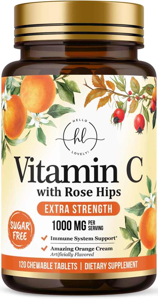 C Vitamin 1000 mg - Rose Hips Bioflavonoids ile Ekstra Güç - Sugar Free Vitamin C Chewable Pills, Nature's Vit C for Immune Support & Antioxy - 120 Chewable Tabletler