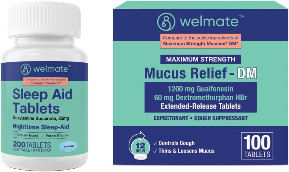 WeLMATE Cold & Flu Nighttime Relief Sche: Mucus Relief DM 1200 mg Guaifenesin & 60 mg DXM (100 Ct) for Cough & Congestion Relief + Doxylamine Succinate 25 mg Sleep Aid (200 Tablet)