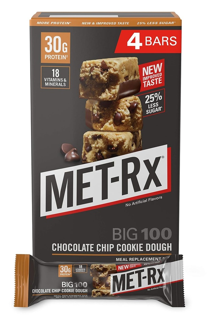 MET-Rx Big 100 Colossal Protein Bars, Sağlıklı Meal Değişim, Snack ve Enerjiye Yardımcı Olmak, Gluten Free, Chocolate Chip Cookie Dough, 100 g, 4 Kont (Pazarlama Mayıs Vary)