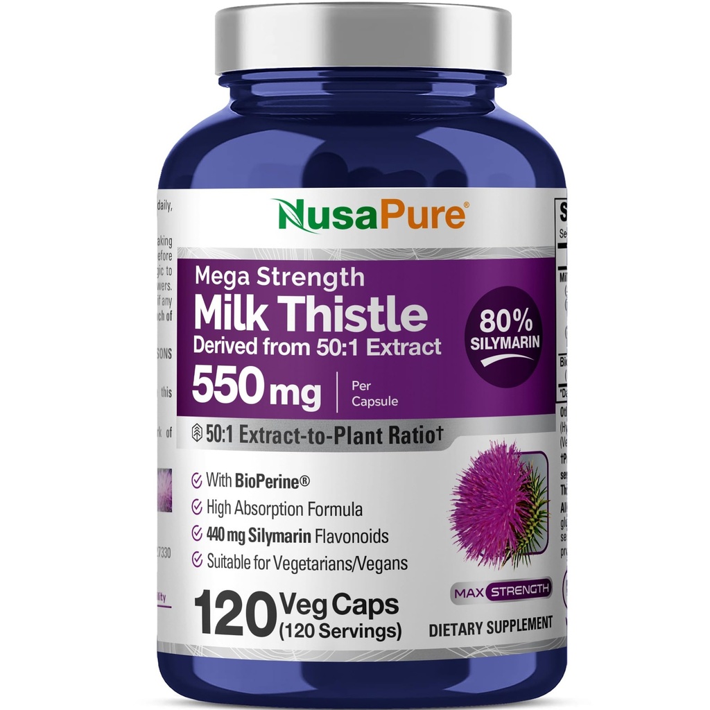 NusaPure Milk Butle 50:1 Ekstraksiyon, 550 mg 27.500 mg 120 Veggie Capsules Non-GMO, Vegan Max Strength - Standardized% 80 Silymarin, Bioperine